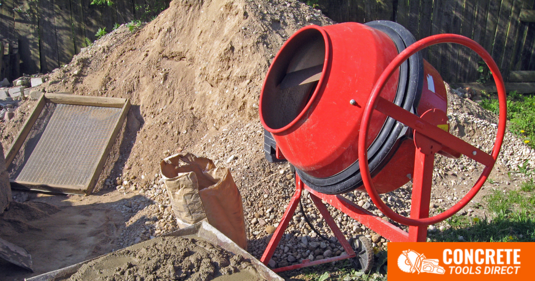 80lb concrete bag next to a cement mixer