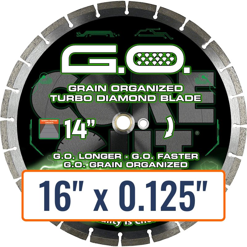 Diamond Products 16" High Speed Turbo Diamond Saw Blade with 0.125" thickness, 1" arbor size, and Slant Seg protection.