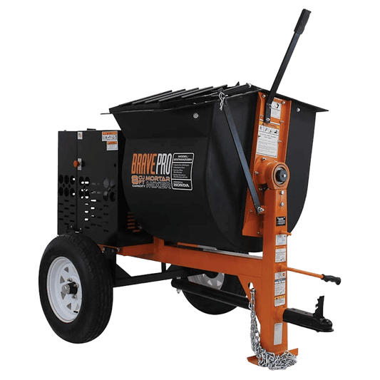 Brave Mortar Mixer: Gas-powered concrete mixer with 8 cubic foot drum, Honda engine, and safety features.