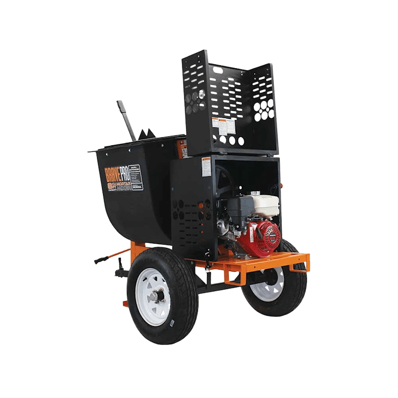 Brave Mortar Mixer - Gas powered, 8 cubic foot poly drum, Honda engine, efficient design for smooth mixing.