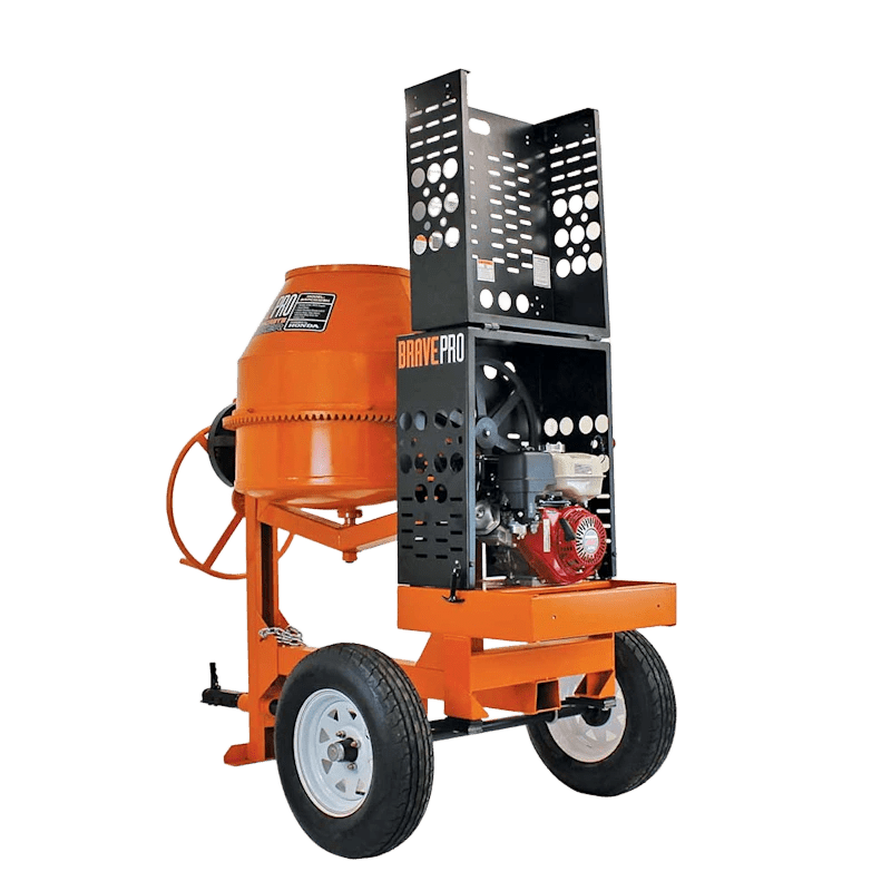 Brave 9 cubic feet cement mixer with Honda GX270 engine, durable steel drum, and reinforced frame for professional concrete w