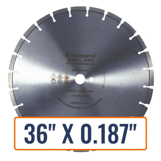 Asphalt cutting blade, Husqvarna High Pro Overlay Diamond Saw, showcasing sizes from 14 to 36 inches in diameter.