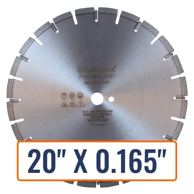 Asphalt saw blades, specifically the Husqvarna Professional F770A Diamond Saw Blade, showcased in various sizes for cutting hard and soft asphalt.