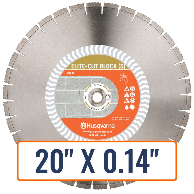 Blade for concrete, Husqvarna ELITE-CUT™ Diamond Saw Blade, displaying its 20-inch diameter and 1-inch DP Arbor features.