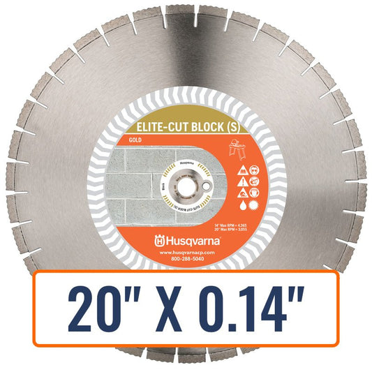 Blade for concrete, Husqvarna ELITE-CUT™ Diamond Saw Blade, displaying its 20-inch diameter and 1-inch DP Arbor features.