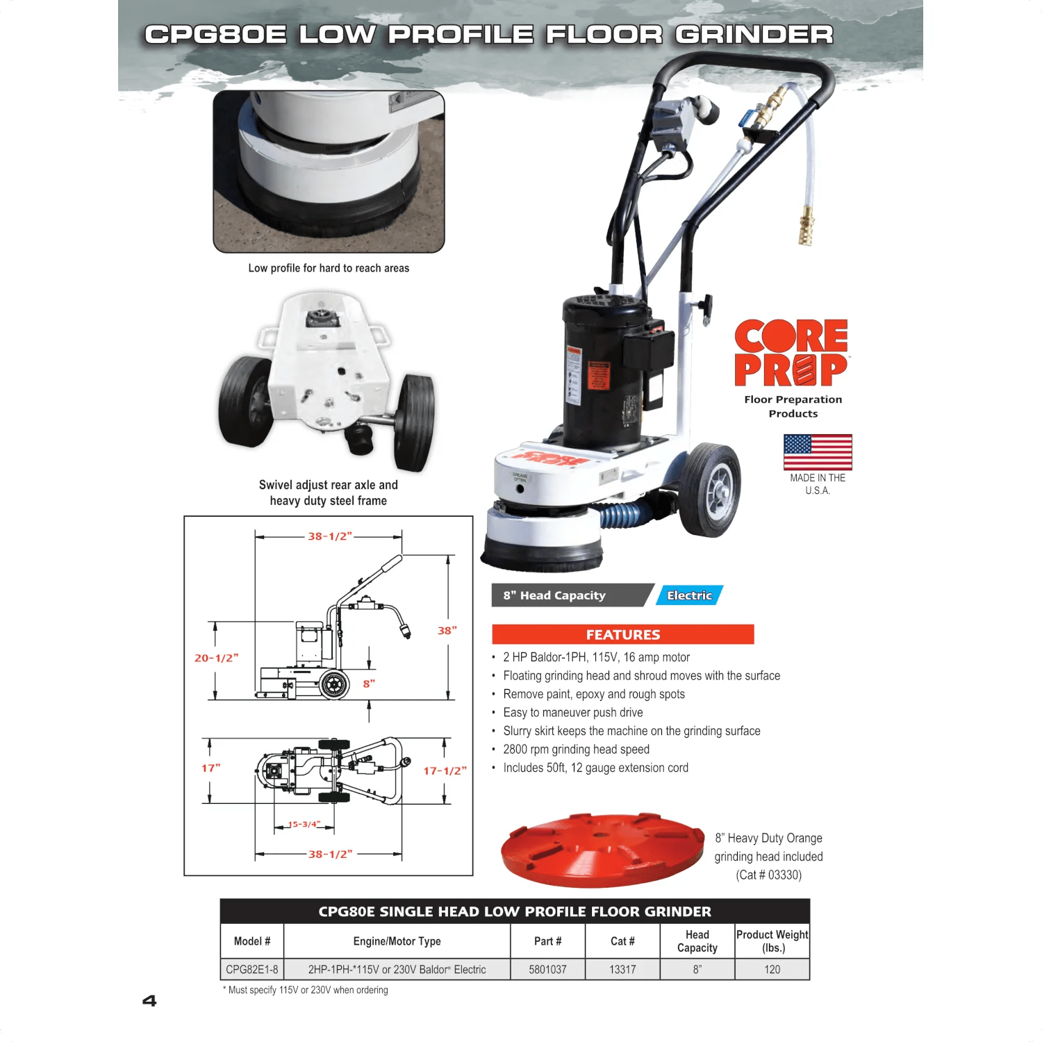 Concrete Surface Grinder - Core Prep CPG80E - Single Head - 8"