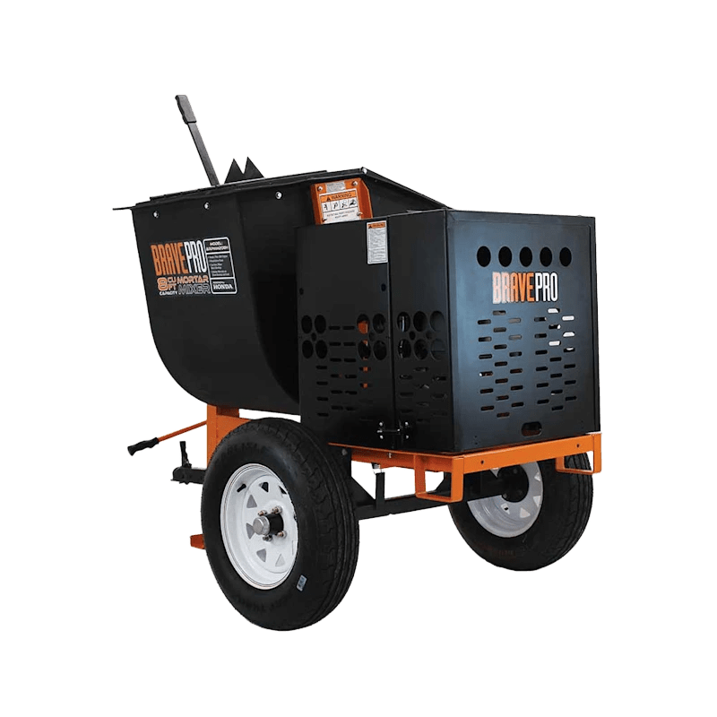 Brave Mortar Mixer with 8 cubic foot poly drum, Honda GX240 engine, safety features, and easy-pour handle.