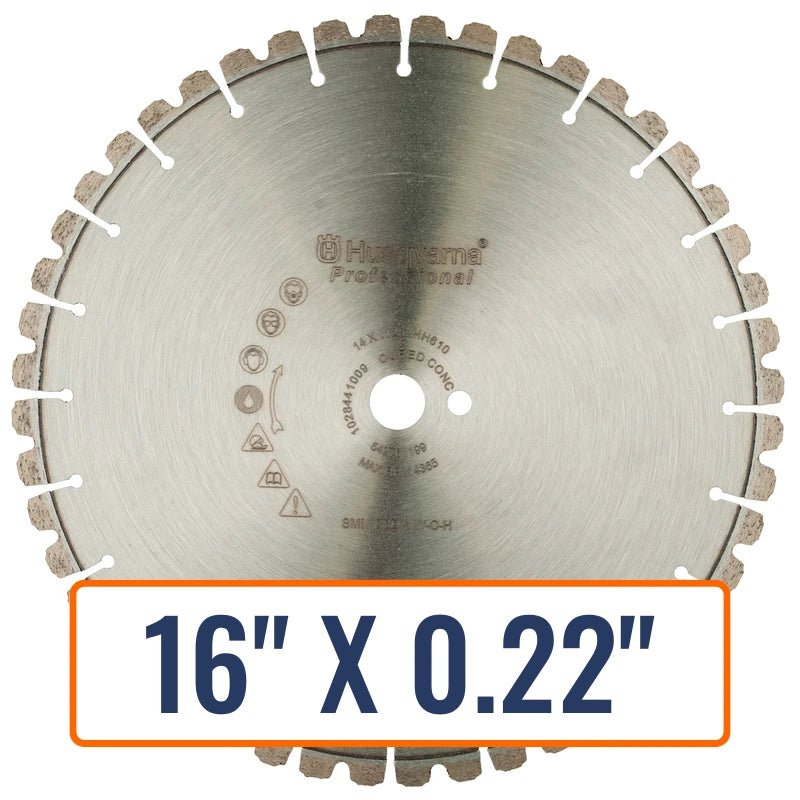 Concrete wall saws blades, showcasing Husqvarna Diamond Saw Blade with varying sizes and thickness, ideal for wet conditions.