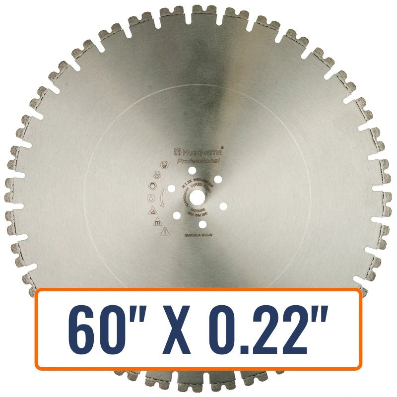 Concrete wall saws blades, specifically Husqvarna W 1107 Wide Notch, designed for cutting through extra-hard materials under wet conditions.