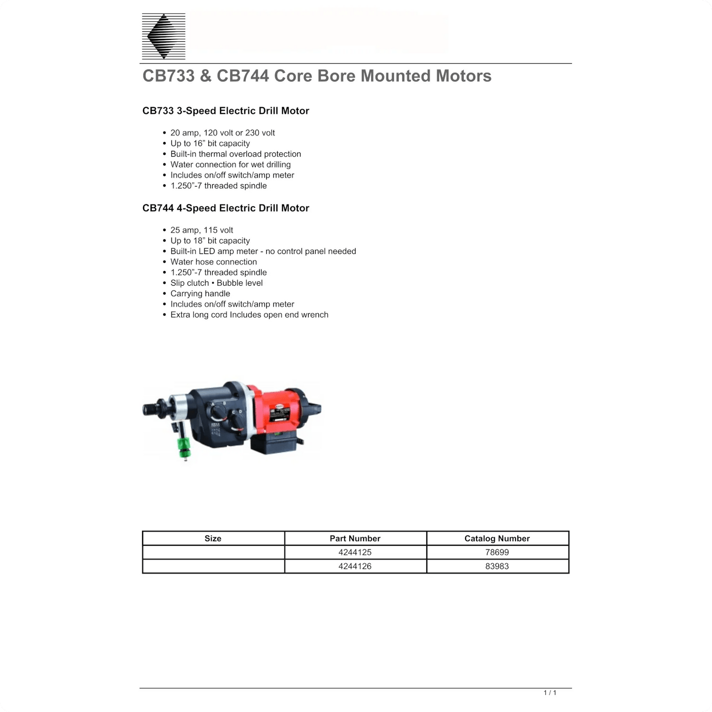 Core Bore Drill CB733 16" - 20AMP|1PH|115V - Rig-Mounted