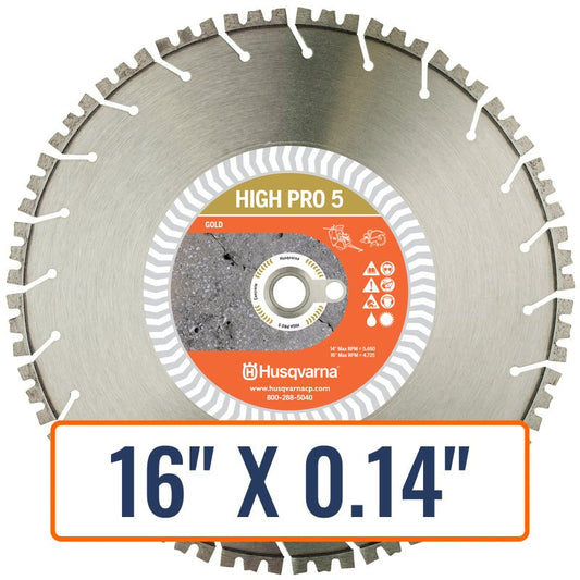 Diamond blades for concrete, Husqvarna High-Pro Series, showcasing its 16-inch diameter and 0.35-inch segment height.