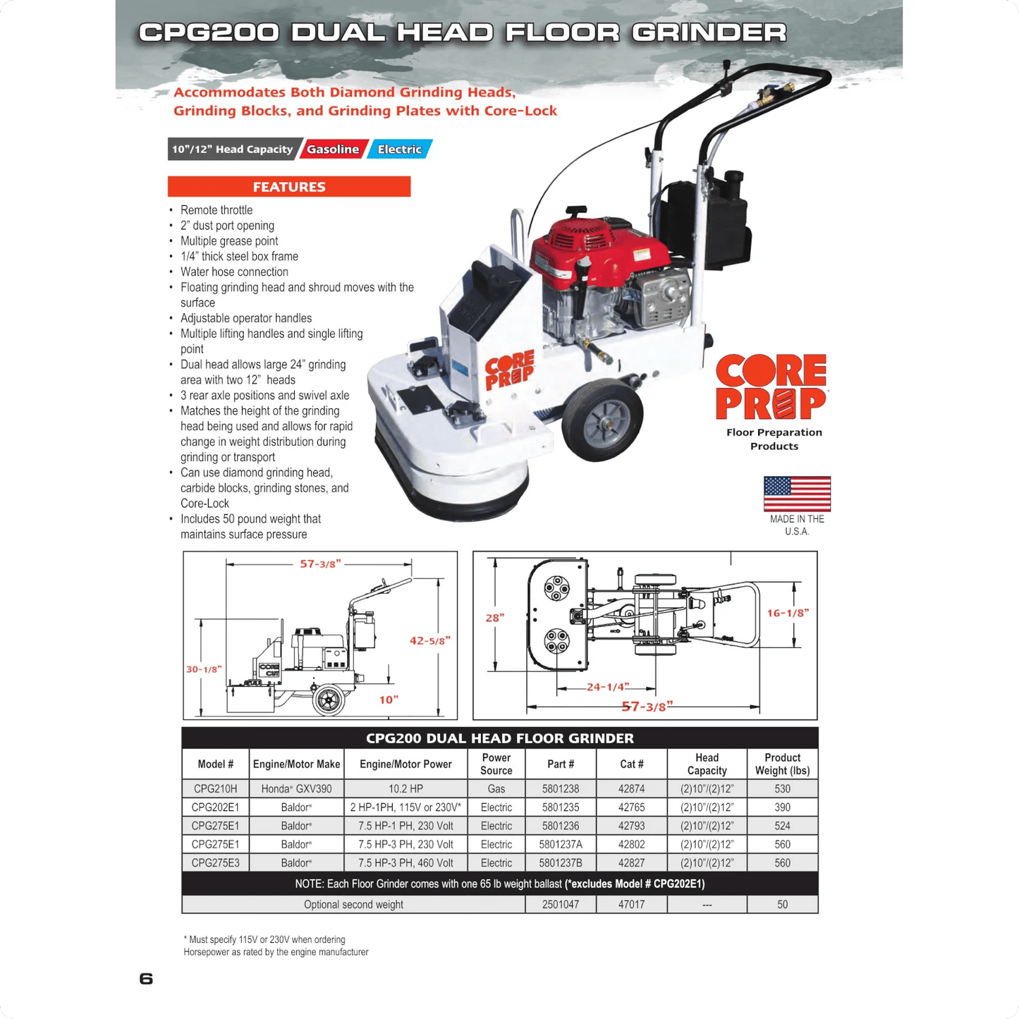 Concrete Surface Grinder - Core Prep CPG275 - Dual Head - 10"/12" - 7.5HP