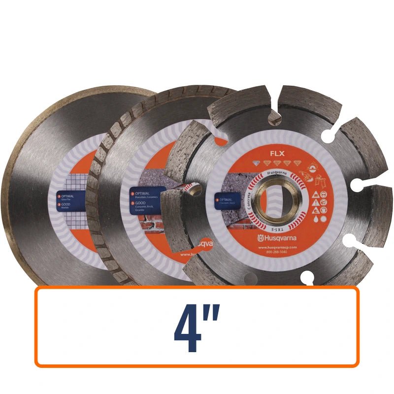 Diamond masonry blade, 4-inch Husqvarna FLX, designed for cutting hard materials like brick, perfect for construction projects.