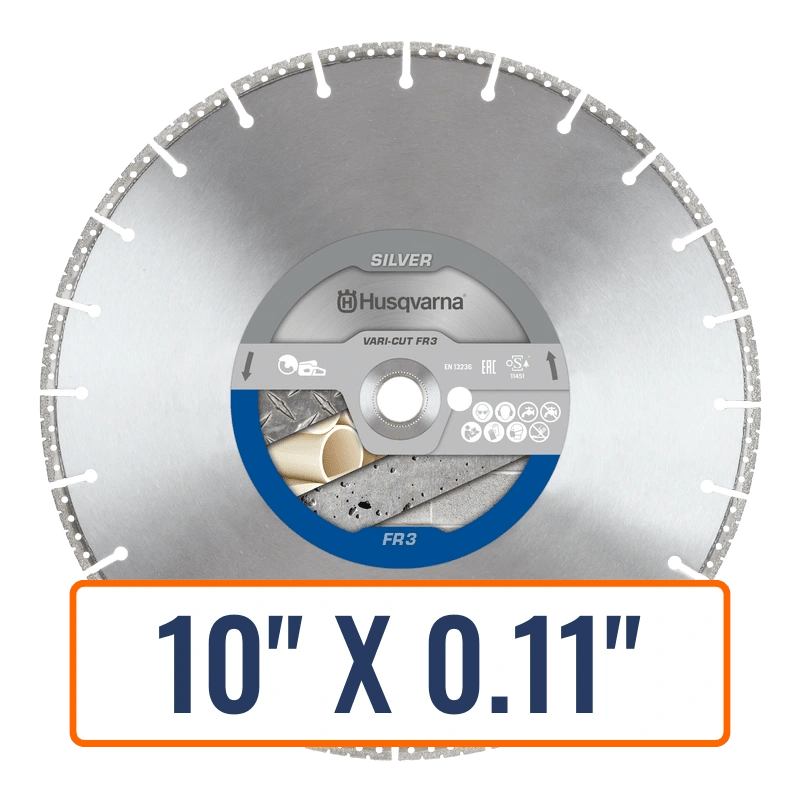 Ductile iron blade, the Husqvarna Vari-Cut™️ FR3 diamond saw, cutting through a variety of materials in a construction setting.