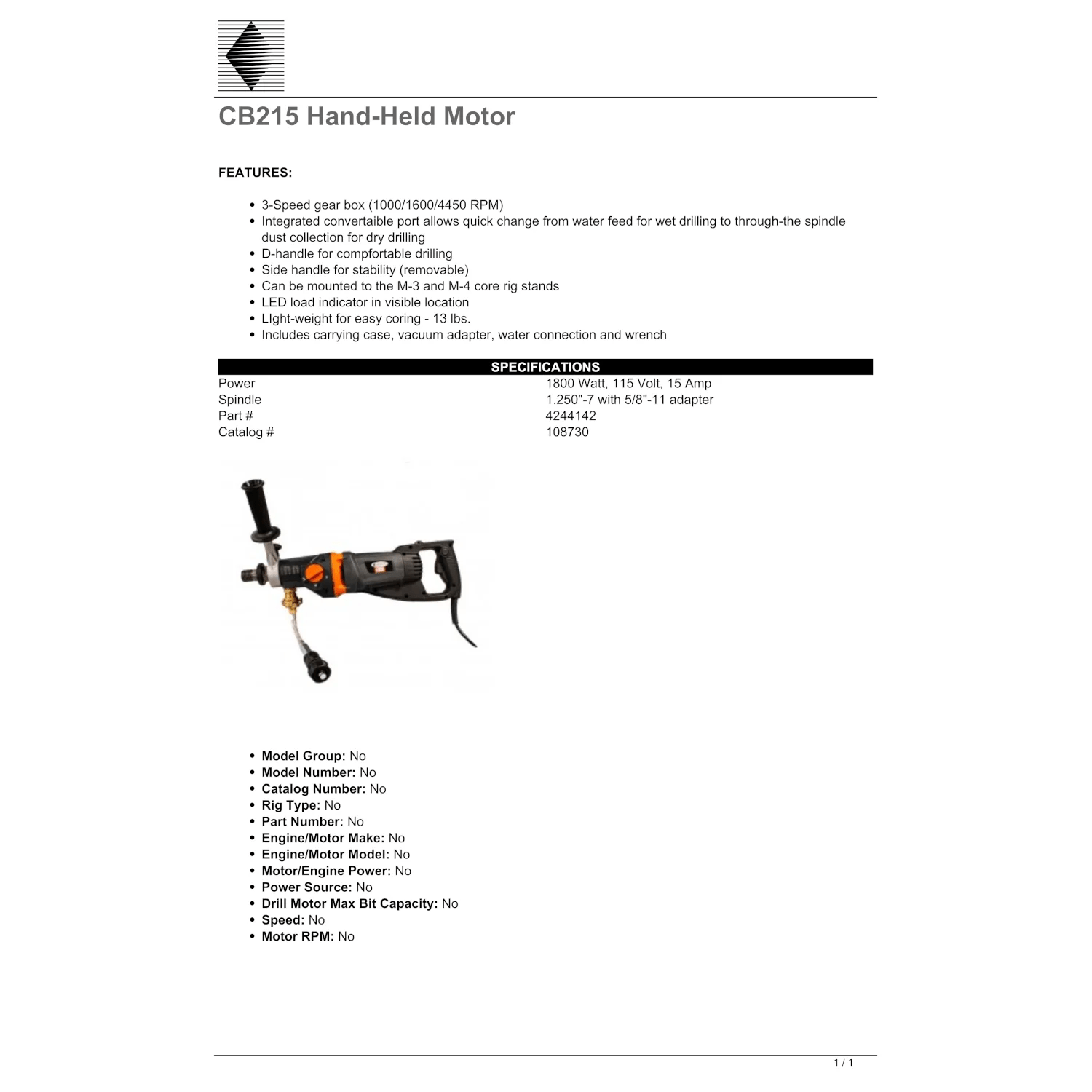 Core Bore Drill CB215  3"-6" - 15 AMP|1PH|115V - Hand-Held