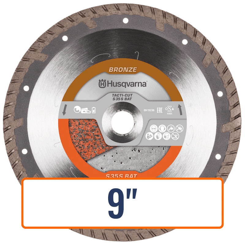 Husqvarna battery saw blade showcasing a 9-inch TACTI-CUT diamond blade, ideal for cutting through block, brick, and medium-hard cured concrete.