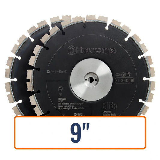 Husqvarna cut and break saw blades, specifically the 9in Diamond EL35CnB, designed for cutting tough materials like concrete and granite.