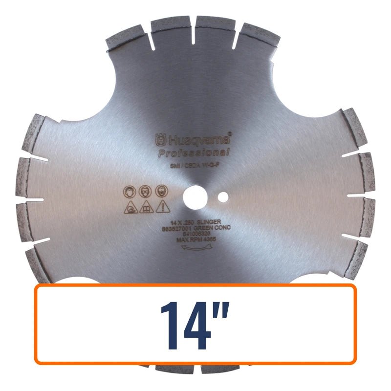 Husqvarna Slinger Blade showcases its 14-inch diameter and 1-inch arbor size, perfect for versatile worksite applications.
