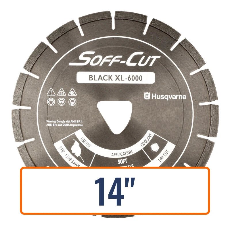 Husqvarna Soff-Cut blades, 14-inch Excel 6000 Series Black diamond blade, ideal for cutting soft aggregate and abrasive sand.