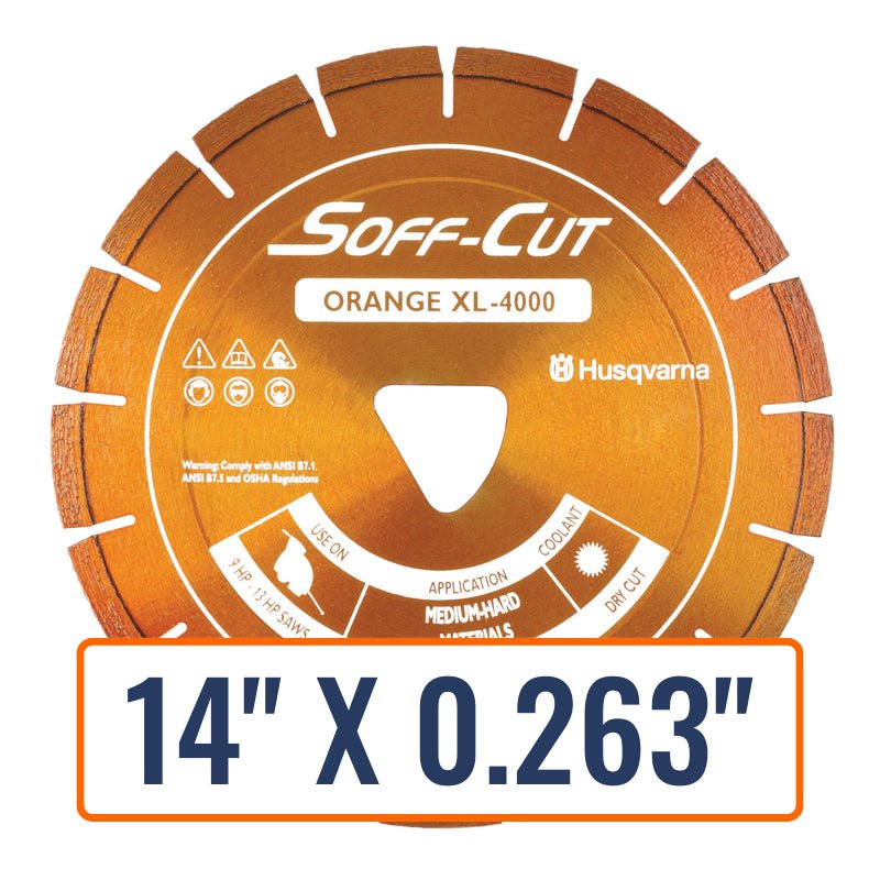 Husqvarna Soff-Cut blades from the Excel 4000 Series, designed for cutting through medium aggregate and abrasive sand.
