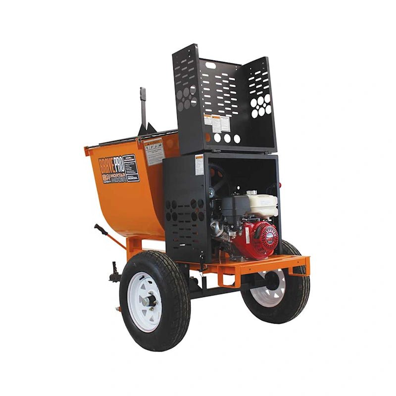 Brave Mortar Mixer - gas-powered wheelbarrow mixer with 8-cubic foot steel drum for tough construction jobs.