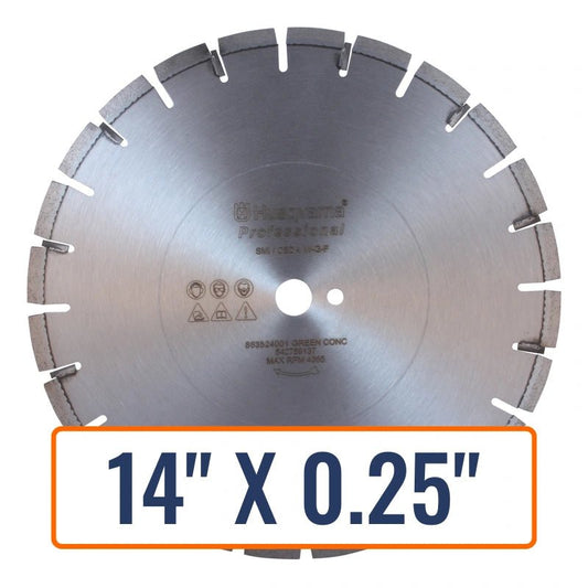 Soff cut blades showcasing a Husqvarna Professional Green Concrete Saw Blade with a 14-inch diameter and 0.25-inch thickness.