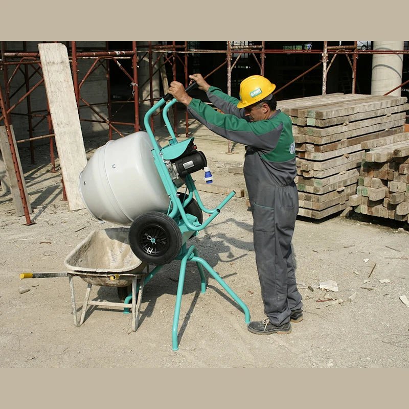 Durable and efficient wheelbarrow cement mixer by IMER USA with 5 cubic feet capacity and 1/2 HP motor.