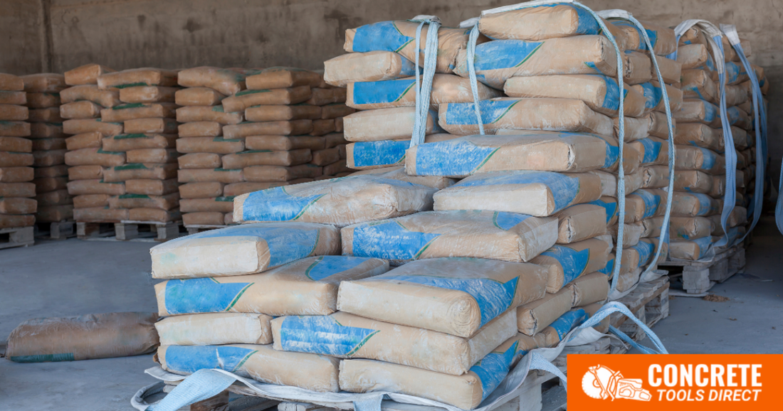 Stack of bagged concrete mix at a hardware store