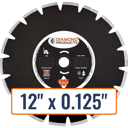 Diamond Products 12" x 0.125" dry walk behind diamond saw blade for green concrete, 1" arbor with pin hole.