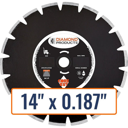 Diamond Products 14" x 0.187" Dry Walk Behind Diamond Saw Blade for Asphalt with 1" Arbor and Pin Hole