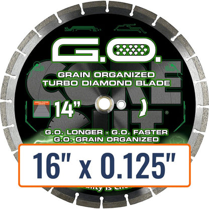 Diamond Products 16" High Speed Turbo Diamond Saw Blade with 0.125" thickness, 1" arbor size, and Slant Seg protection.
