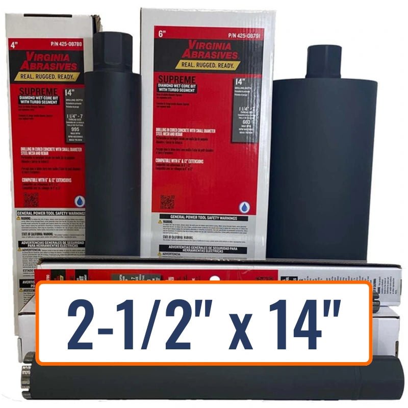 Virginia Abrasives 2-1/2" x 14" Diamond Core Drill Bit for Brick, Concrete, Masonry - 1-1/4"-7 Hub Size