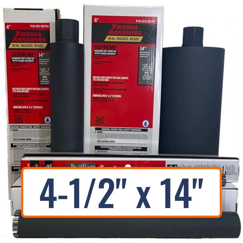 Virginia Abrasives 4-1/2" x 14" General Purpose Core Drill Bit for Brick, Concrete, Masonry - 1-1/4"-7 Hub Size