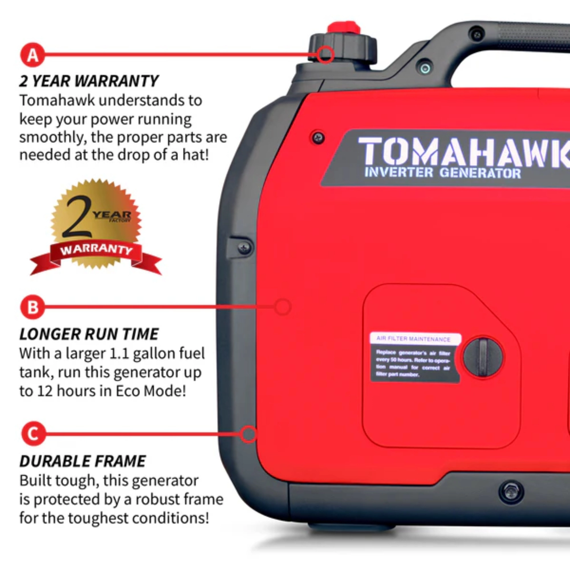 2,000 Watt Generator - Inverter - ꜛ8 hrs (1/2 load) - 61 dBA