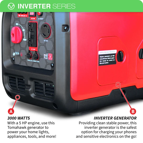 3,000 Watt Generator - Inverter - ꜛ8 hrs (1/2 load) - 61 dBA