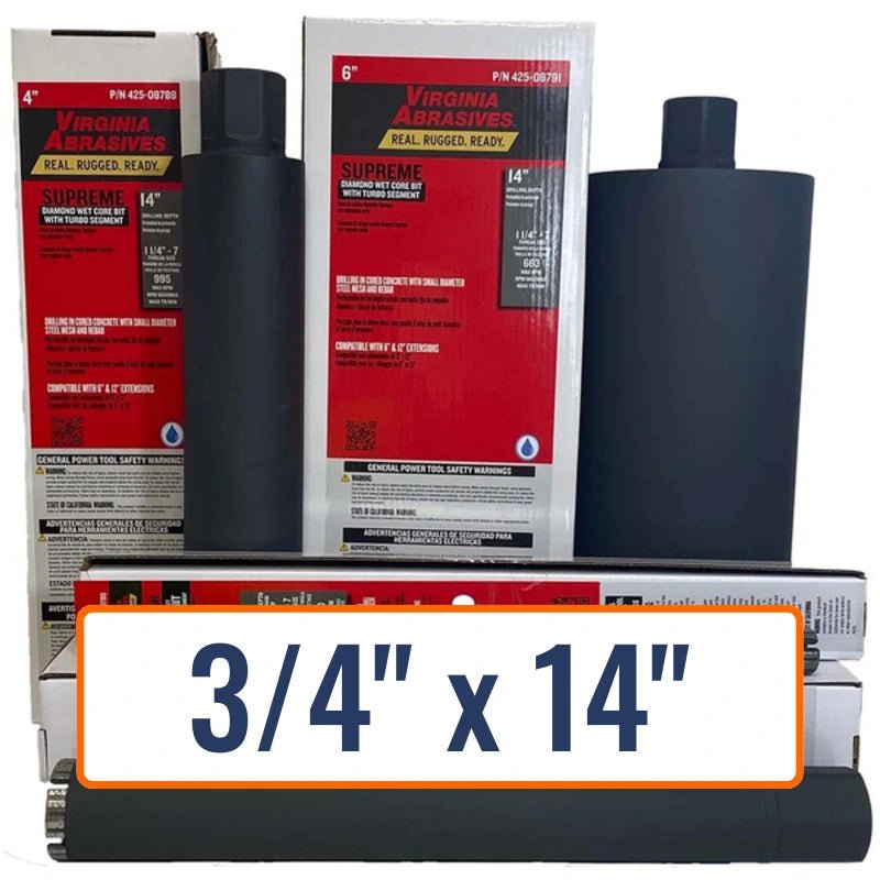 Virginia Abrasives 3/4" x 14" Concrete Core Drill Bit - Wet Turbo for Brick, Concrete, Reinforced Concrete, Masonry, Mortar, Tile