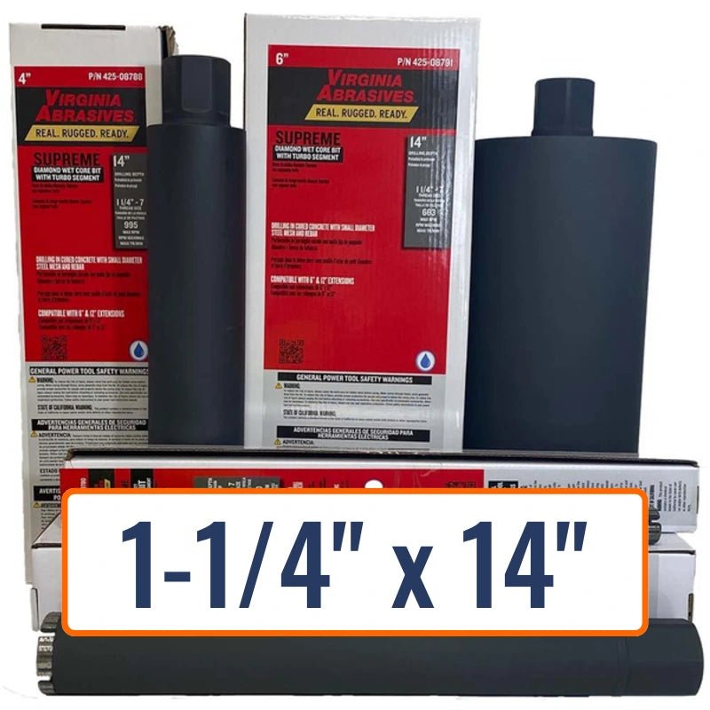 Virginia Abrasives 1-1/4" x 14" General Purpose Core Drill Bit for Brick, Concrete, Masonry - 5/8"-11 Hub