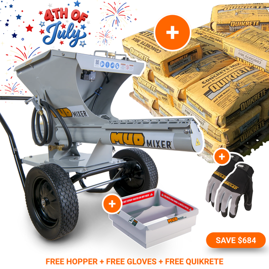 MudMixer Evolution 3225 Continuous Concrete Mixer - 4th of July Bundle | FREE Hopper, FREE Gloves & FREE 1,200 lbs Quikrete