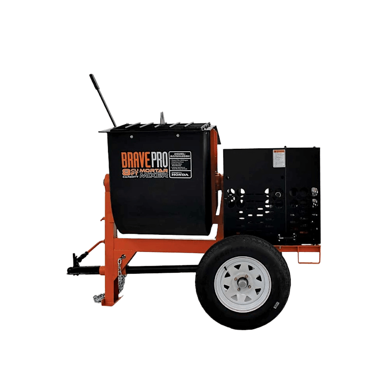 Brave Mortar Mixer with 8 cubic foot poly drum, Honda GX240 engine, and safety features for smooth concrete mixing.