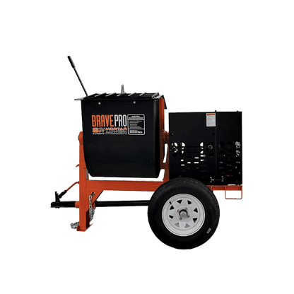 Brave Mortar Mixer with 8 cubic foot poly drum, Honda GX240 engine, and safety features for smooth concrete mixing.