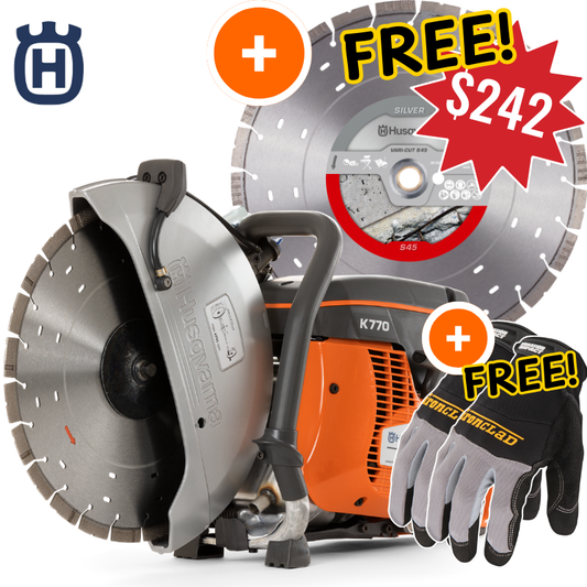 Husqvarna K770 Concrete Saw + FREE S45 Pro Blade + FREE Ironclad Gloves