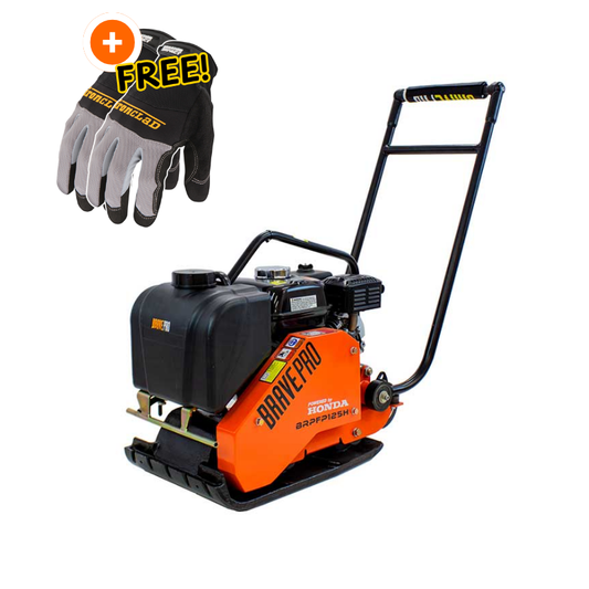 BravePro Forward Plate Compactor | 14 In. | Rubber Mat, Tank, and Wheel Kit | Honda GX160 Free Gloves
