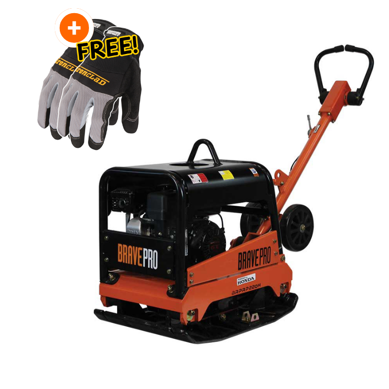 BravePro Reversible Plate Compactor | 20 In. | Wheel Kit | Honda GX200 Free Gloves