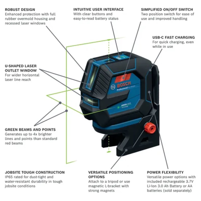 3.7V Green-Beam Self-Leveling Cross-Line Laser with Plumb Points and Li-Ion Battery