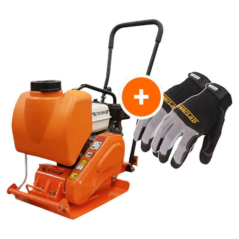 Crown Plate Compactor for Sale - Honda GX160 - 5.5 HP - 2,360 lbs/ft² W/ Free Vibration Impact Ironclad Gloves