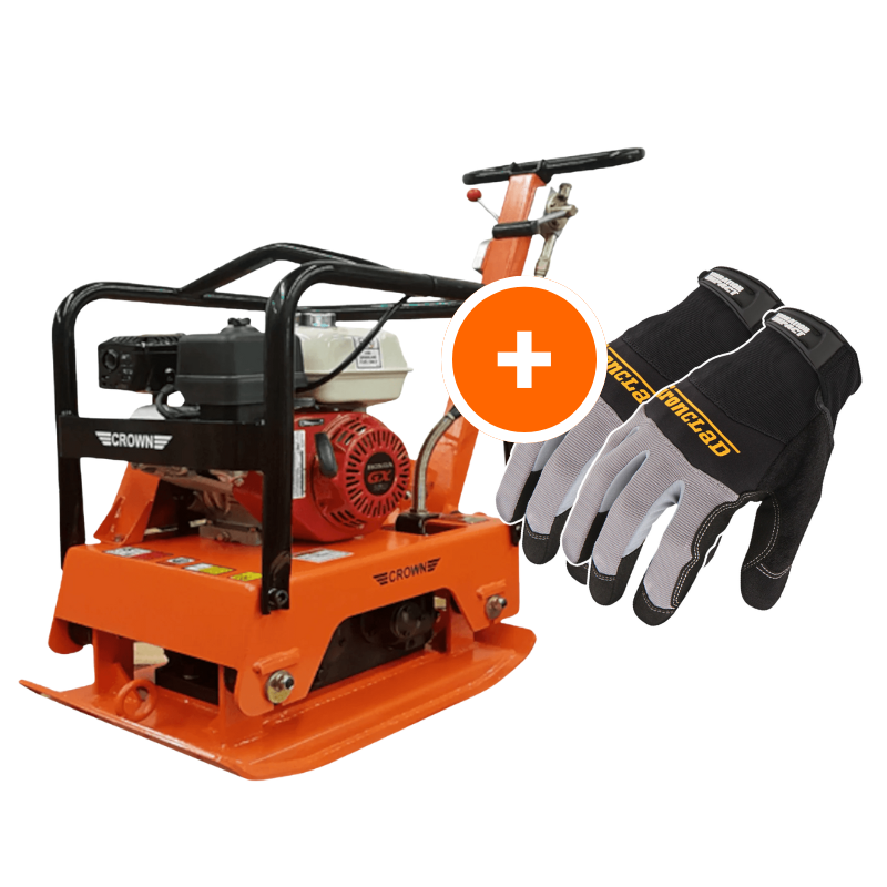 Crown Reversible Plate Compactor - Honda GX160 - 5.5 HP - 5,620 lbs/ft² W/ Free Vibration Impact Ironclad Gloves