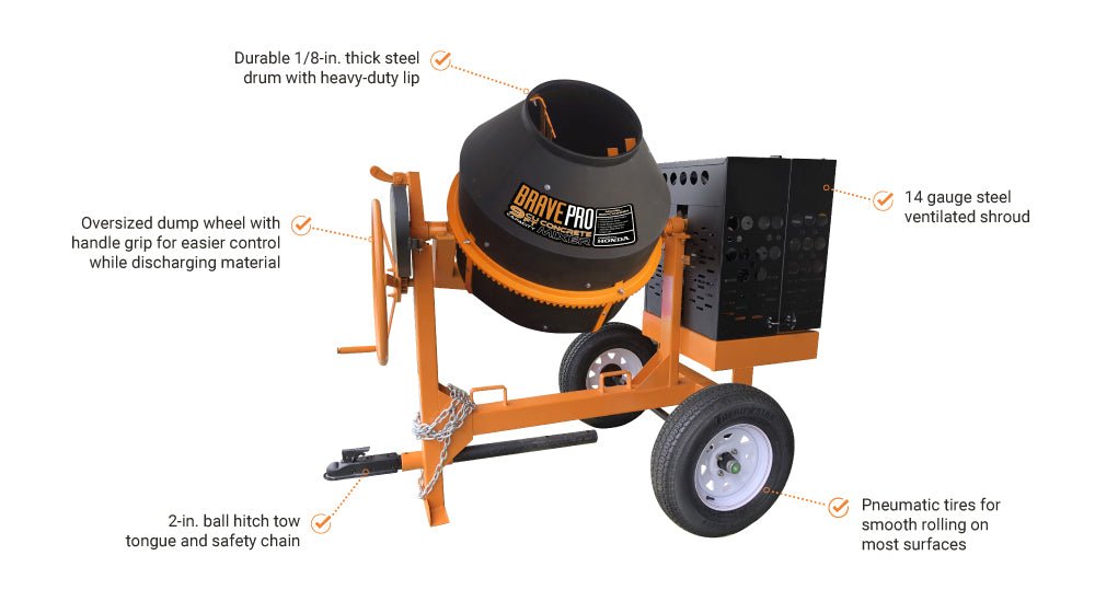 9 Cu Ft Concrete Mixer | Poly Drum | Brave | Honda GX270