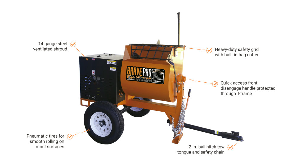 Brave Mortar Mixer | 6 Cu. Ft. Steel Drum | Honda GX239