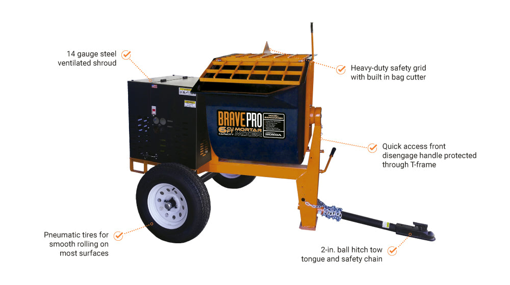 Brave Mortar Mixer | 6 Cu. Ft. Poly Drum | Honda GX239