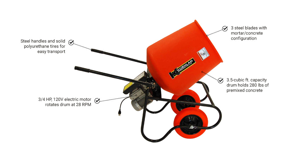 Kushlan Electric Cement Mixer | Electric Direct Drive, 3/4 HP | 3.5 Cu Ft Drum